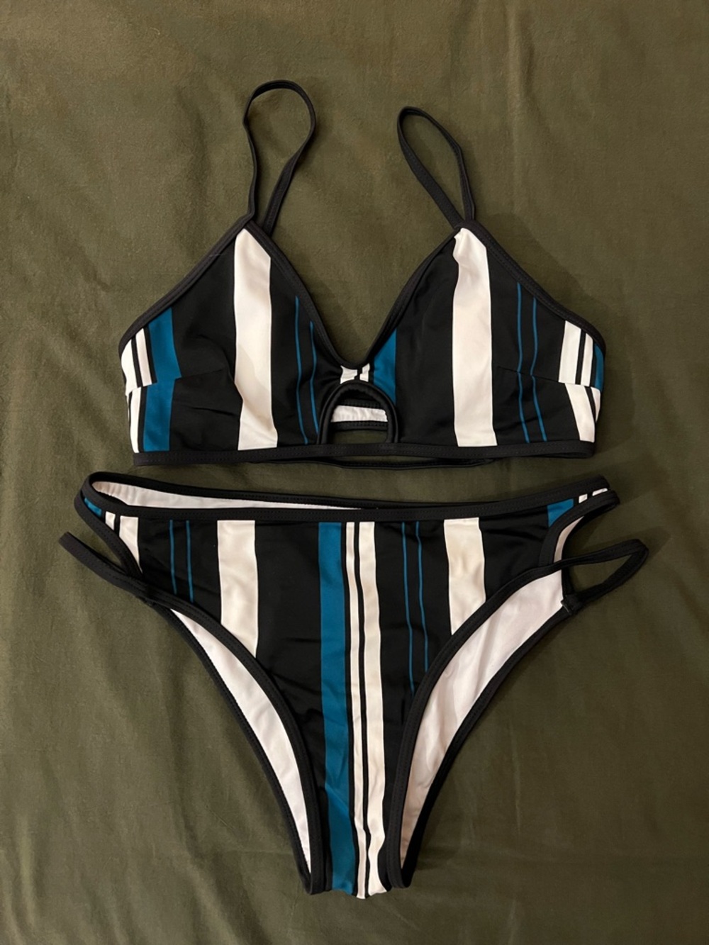 Cupshe Black, White & Teal Striped Two-Piece Bikini